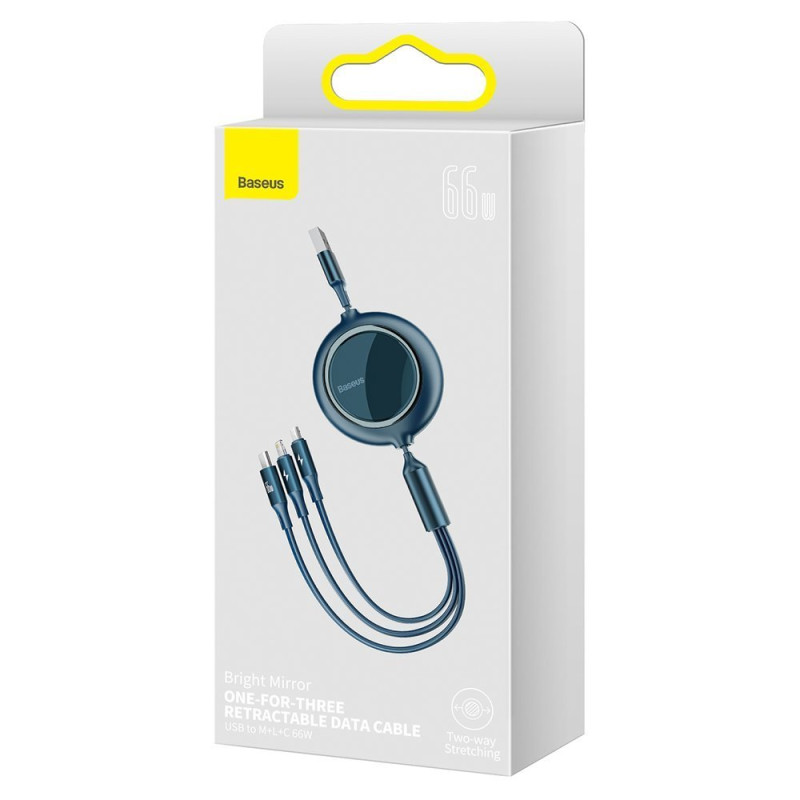 Ištraukiamas laidas 3in1 USB microUSB USB-C iPhone Lightning 66W 1,2m mėlynas