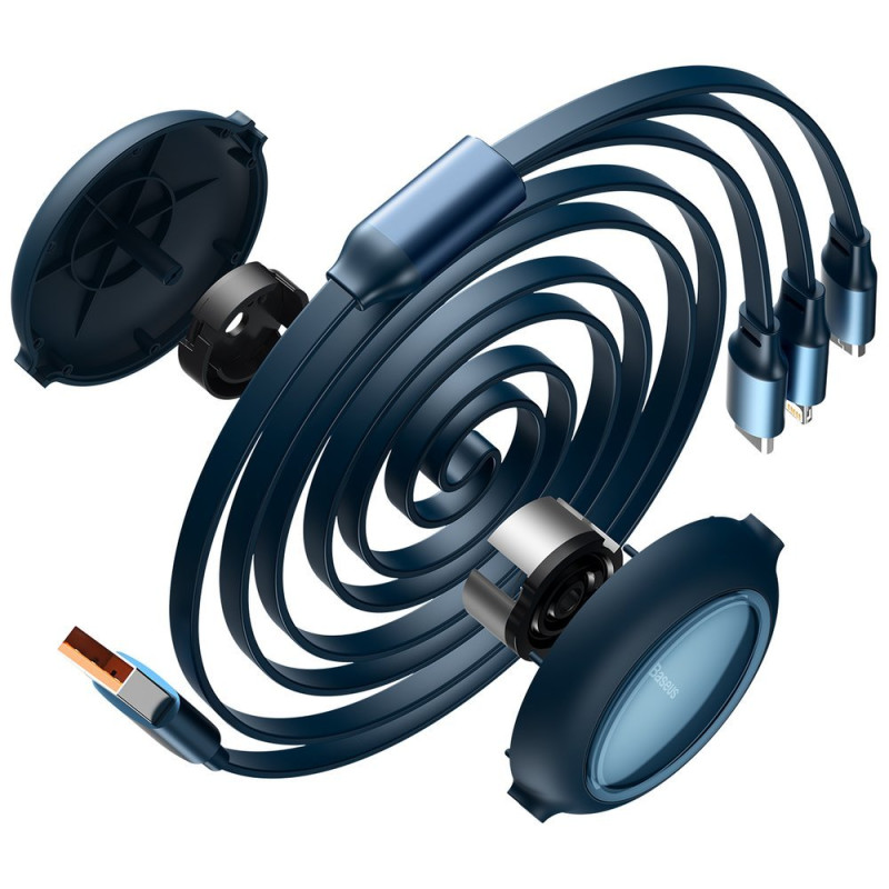 Ištraukiamas laidas 3in1 USB microUSB USB-C iPhone Lightning 66W 1,2m mėlynas