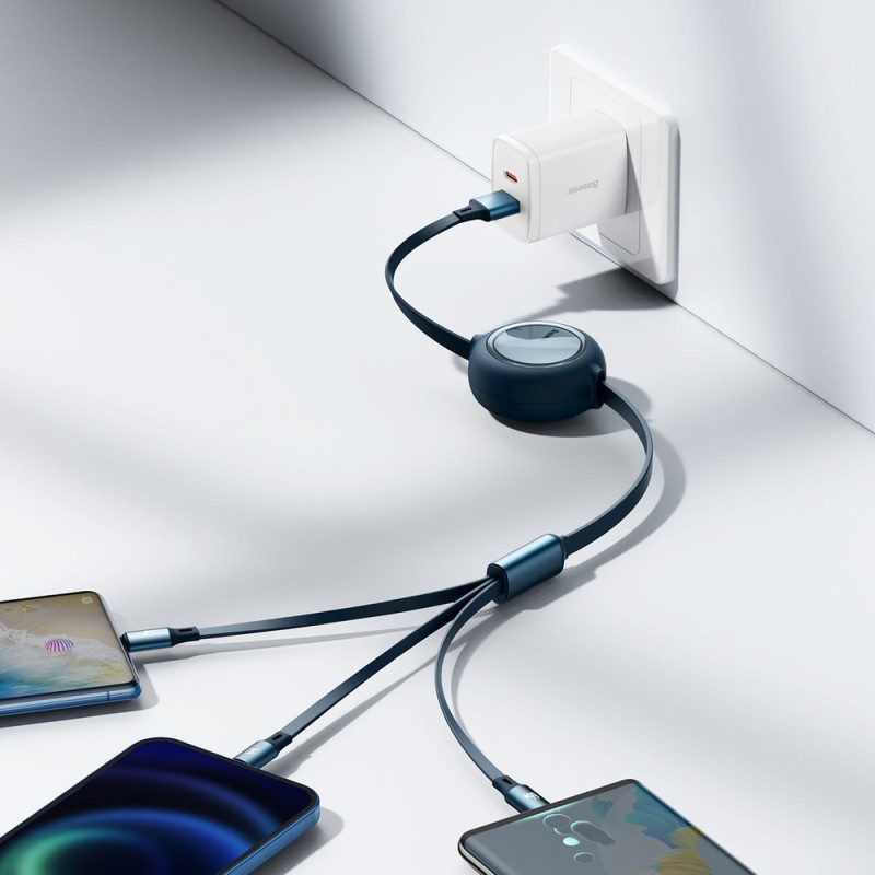 Ištraukiamas laidas 3in1 USB microUSB USB-C iPhone Lightning 66W 1,2m mėlynas