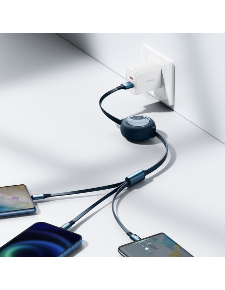 Ištraukiamas laidas 3in1 USB microUSB USB-C iPhone Lightning 66W 1,2m mėlynas Ištraukiamas laidas 3in1 USB microUSB USB-C iPhone Lightning 66W 1,2m mėlynas