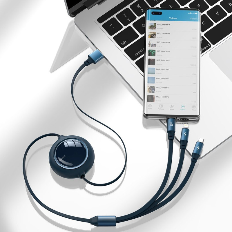 Ištraukiamas laidas 3in1 USB microUSB USB-C iPhone Lightning 66W 1,2m mėlynas