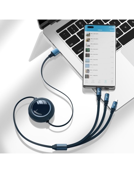 Ištraukiamas laidas 3in1 USB microUSB USB-C iPhone Lightning 66W 1,2m mėlynas Ištraukiamas laidas 3in1 USB microUSB USB-C iPhone Lightning 66W 1,2m mėlynas
