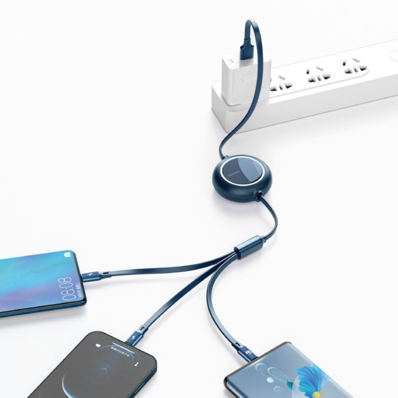 Ištraukiamas laidas 3in1 USB microUSB USB-C iPhone Lightning 66W 1,2m mėlynas