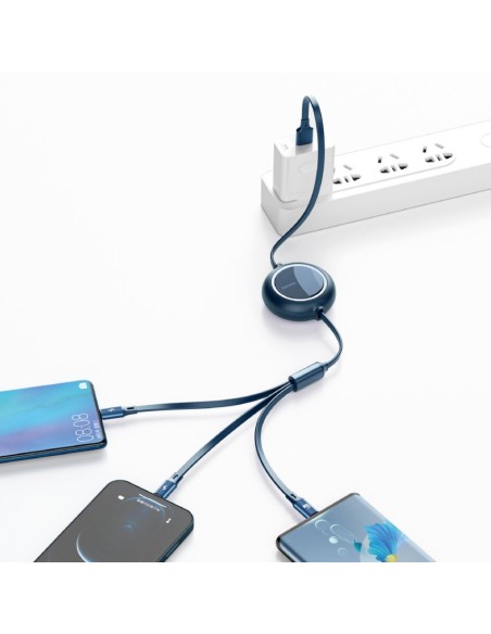 Ištraukiamas laidas 3in1 USB microUSB USB-C iPhone Lightning 66W 1,2m mėlynas Ištraukiamas laidas 3in1 USB microUSB USB-C iPhone Lightning 66W 1,2m mėlynas