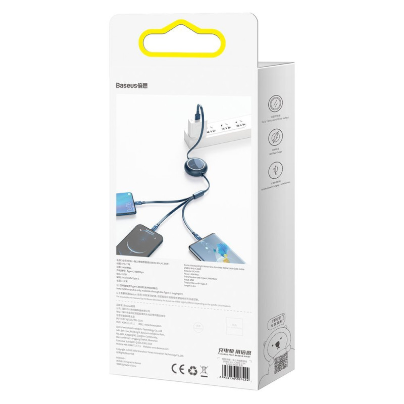 Ištraukiamas laidas 3in1 USB microUSB USB-C iPhone Lightning 66W 1,2m mėlynas