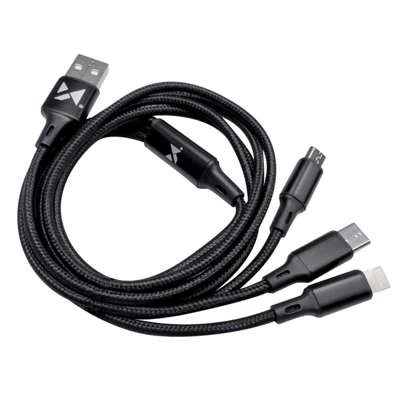 Kabelis 3in1 USB USB-C microUSB iPhone Lightning 2.8A 1.25m juodas