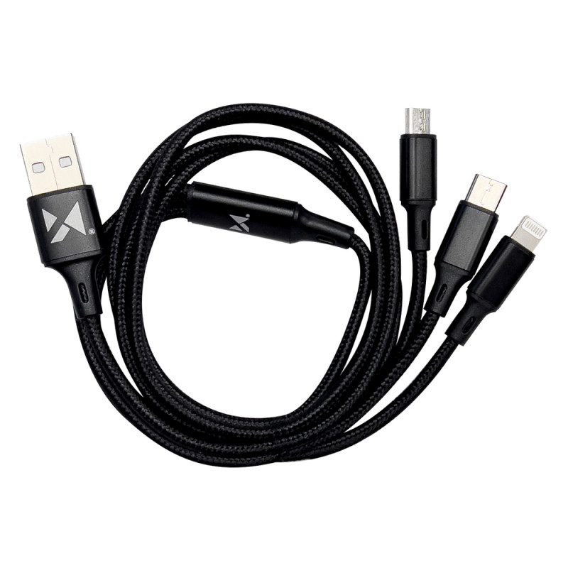 Kabelis 3in1 USB USB-C microUSB iPhone Lightning 2.8A 1.25m juodas