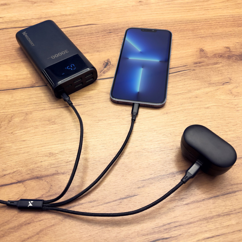Kabelis 3in1 USB USB-C microUSB iPhone Lightning 2.8A 1.25m juodas
