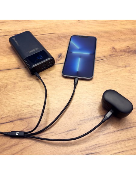 Kabelis 3in1 USB USB-C microUSB iPhone Lightning 2.8A 1.25m juodas Kabelis 3in1 USB USB-C microUSB iPhone Lightning 2.8A 1.25m juodas