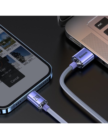 Kabelio laidas greitam įkrovimui ir duomenų perdavimui USB iPhone Lightning 2.4A 1.2m violetinė