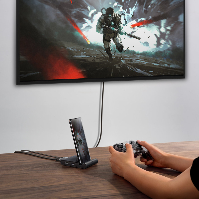 Telefono prijungimo stotelės stovas USB-C HUB juodas