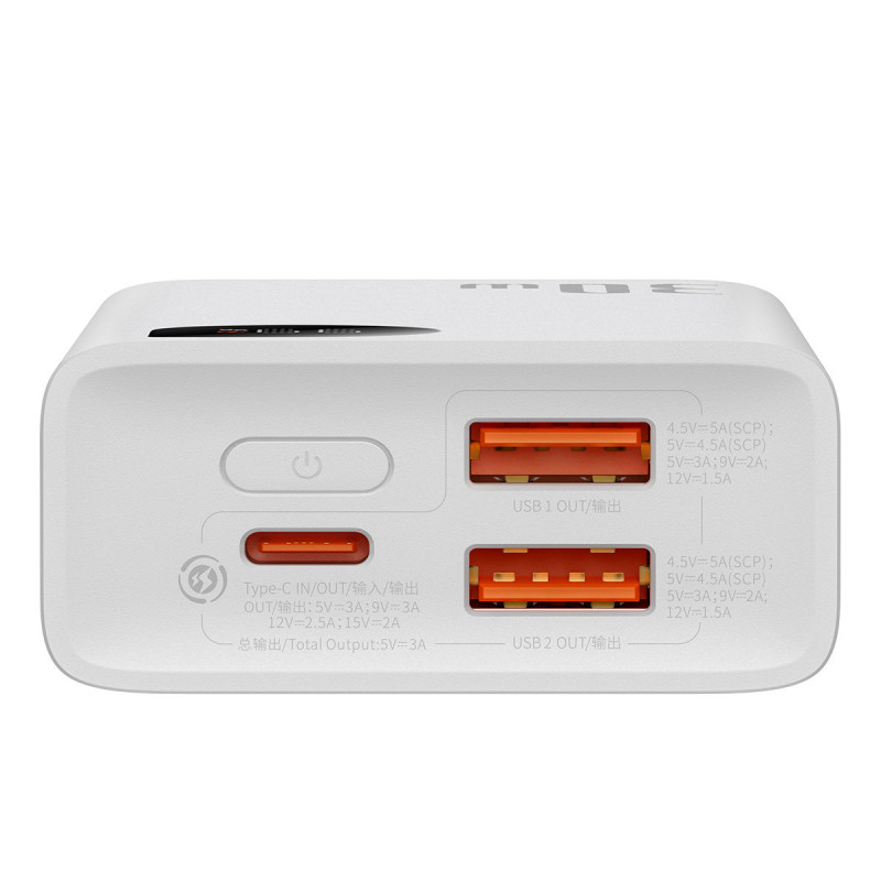 Adaman2 maitinimo blokas su skaitmeniniu ekranu 10000mAh 2xUSB 1xUSB-C greitas įkrovimas baltas