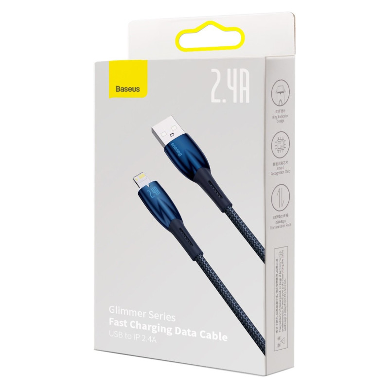 Glimmer serijos USB-A laidas iPhone Lightning 2.4A 480Mbps 1m mėlynas