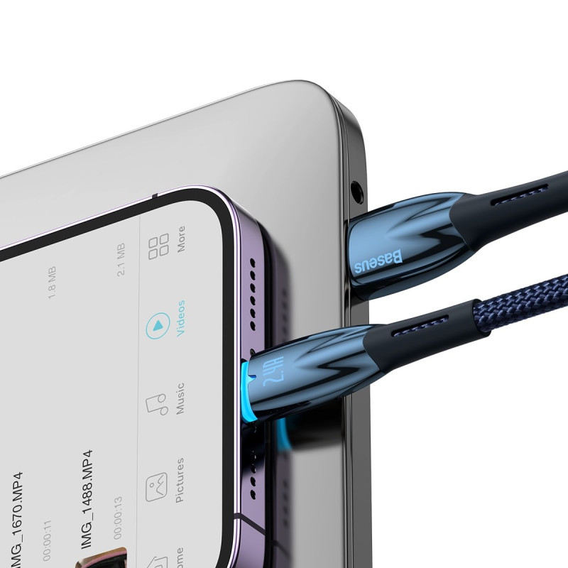 Glimmer serijos USB-A laidas iPhone Lightning 2.4A 480Mbps 1m mėlynas
