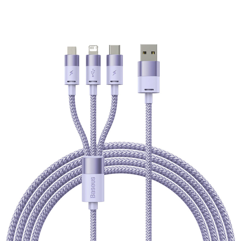 StarSpeed 3in1 USB microUSB laidas iPhone Lightning USB-C 1.2m violetinis