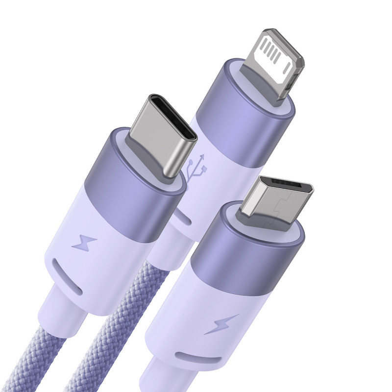 StarSpeed 3in1 USB microUSB laidas iPhone Lightning USB-C 1.2m violetinis
