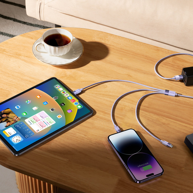StarSpeed 3in1 USB microUSB laidas iPhone Lightning USB-C 1.2m violetinis