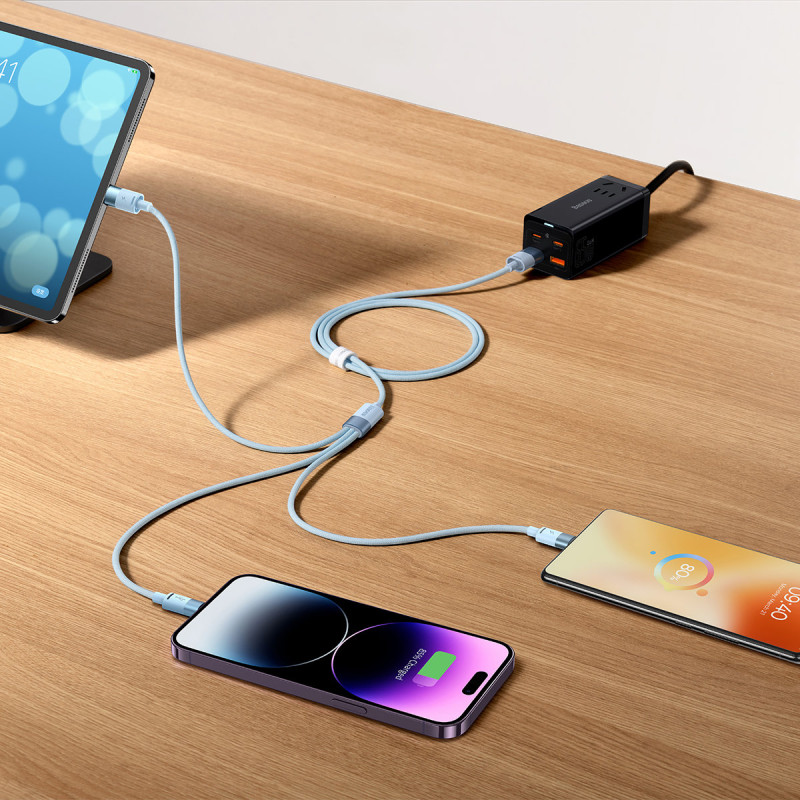 StarSpeed 3in1 USB microUSB laidas iPhone Lightning USB-C 1.2m violetinis
