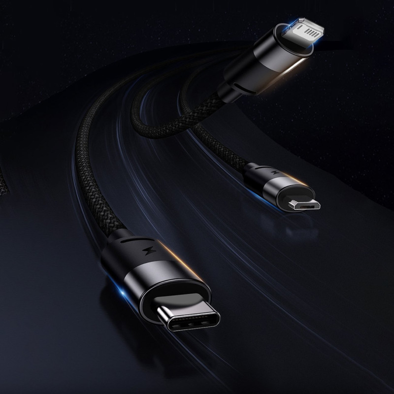 StarSpeed 3in1 USB microUSB laidas iPhone Lightning USB-C 1.2m violetinis