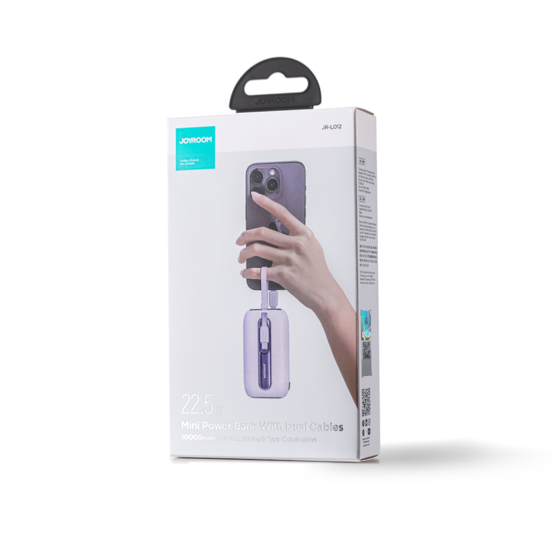 „Powerbank Colorful Series“ 10 000 mAh 22,5 W USB-C ir „iPhone Lightning“ laidai violetiniai