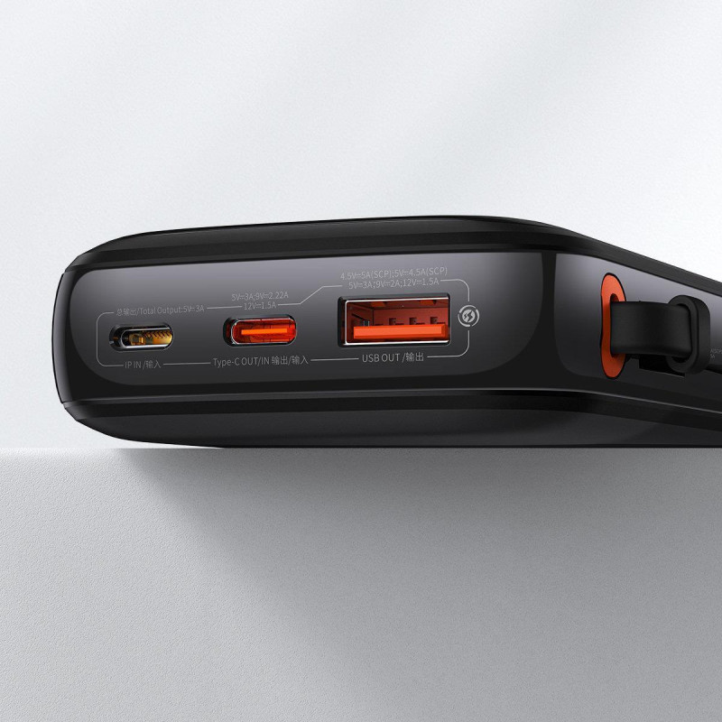 Maitinimo bankas su greitu įkrovimu 10000mAh 22,5W QC-PD-SCP-FCP USB-C kabelis juodas