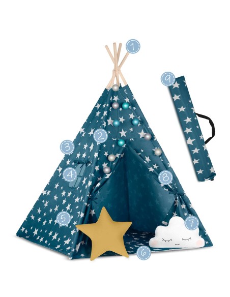 Teepee palapinė vaikams su Nukido lemputėmis - mėlyna Teepee palapinė vaikams su Nukido lemputėmis - mėlyna