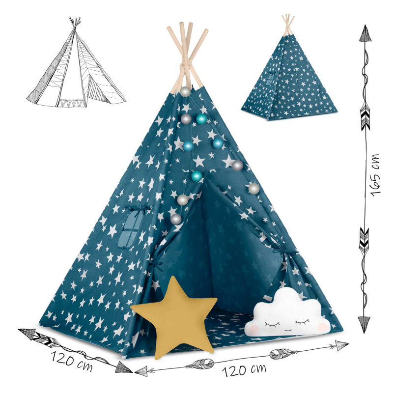 Teepee palapinė vaikams su Nukido lemputėmis - mėlyna
