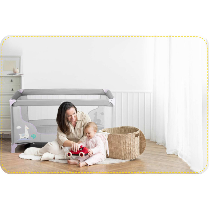Kelioninė lovelė 125 x 65 x 78 cm RK-240 pilka ir levandų spalvos