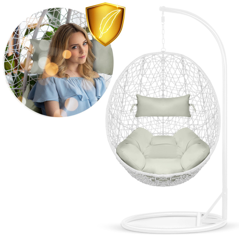 Pakabinamas sodo fotelis Brava baltas + Sofotel pilkos pagalvėlės