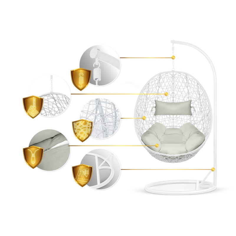 Pakabinamas sodo fotelis Brava baltas + Sofotel pilkos pagalvėlės