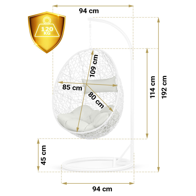 Pakabinamas sodo fotelis Brava baltas + Sofotel pilkos pagalvėlės