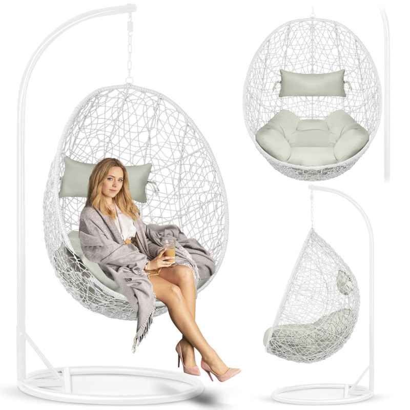 Pakabinamas sodo fotelis Brava baltas + Sofotel pilkos pagalvėlės
