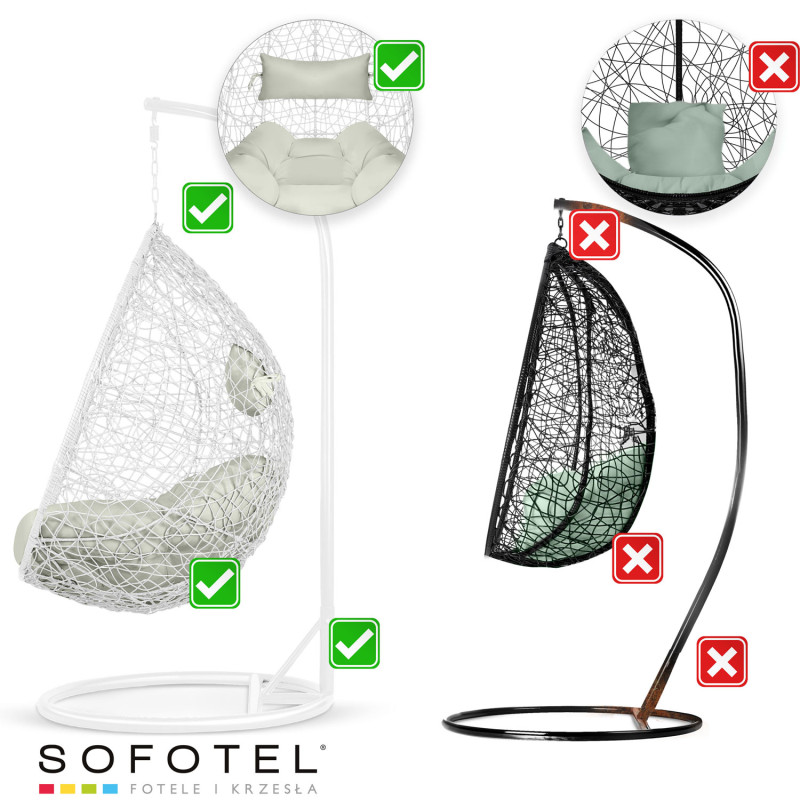 Pakabinamas sodo fotelis Brava baltas + Sofotel pilkos pagalvėlės