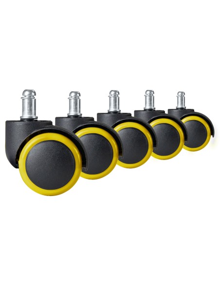 Juodos ir geltonos spalvos guminiai ratukai foteliams, 5 vnt. Juodos ir geltonos spalvos guminiai ratukai foteliams, 5 vnt.