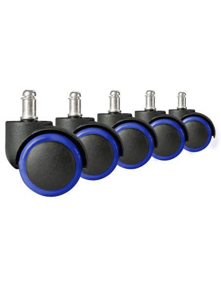 Juodos ir mėlynos spalvos guminiai ratukai foteliams, 5 vnt. Juodos ir mėlynos spalvos guminiai ratukai foteliams, 5 vnt.