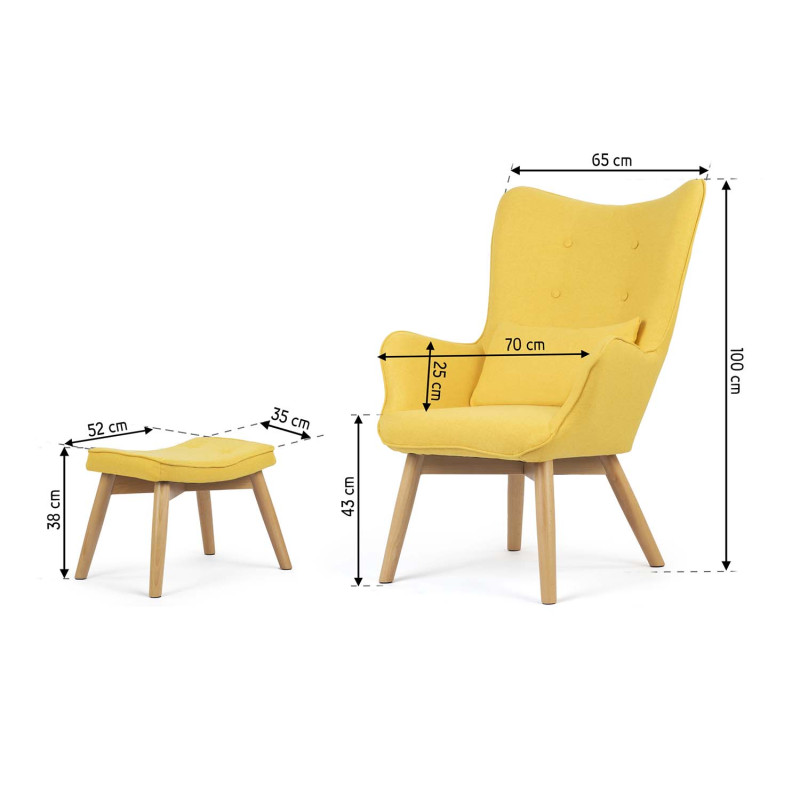 Skandinaviškai geltonas wingback fotelis su kėdute