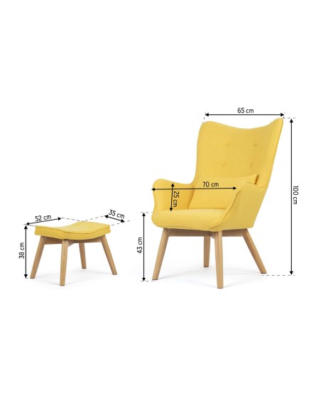 Skandinaviškai geltonas wingback fotelis su kėdute Skandinaviškai geltonas wingback fotelis su kėdute