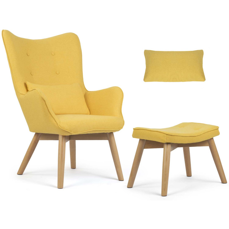 Skandinaviškai geltonas wingback fotelis su kėdute