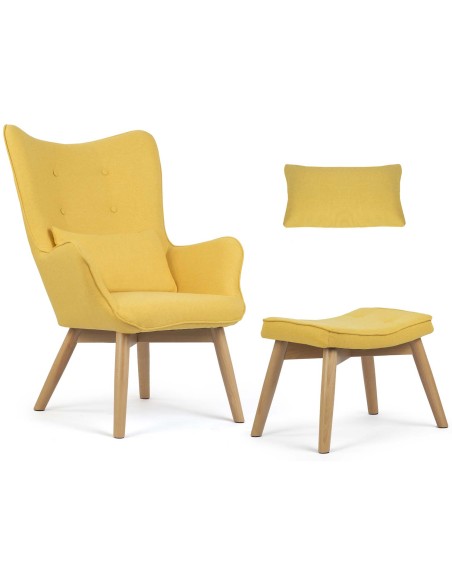 Skandinaviškai geltonas wingback fotelis su kėdute Skandinaviškai geltonas wingback fotelis su kėdute