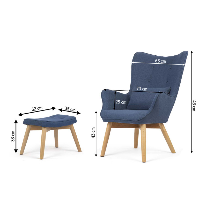 Skandinaviškos mėlynos spalvos fotelis su atramomis