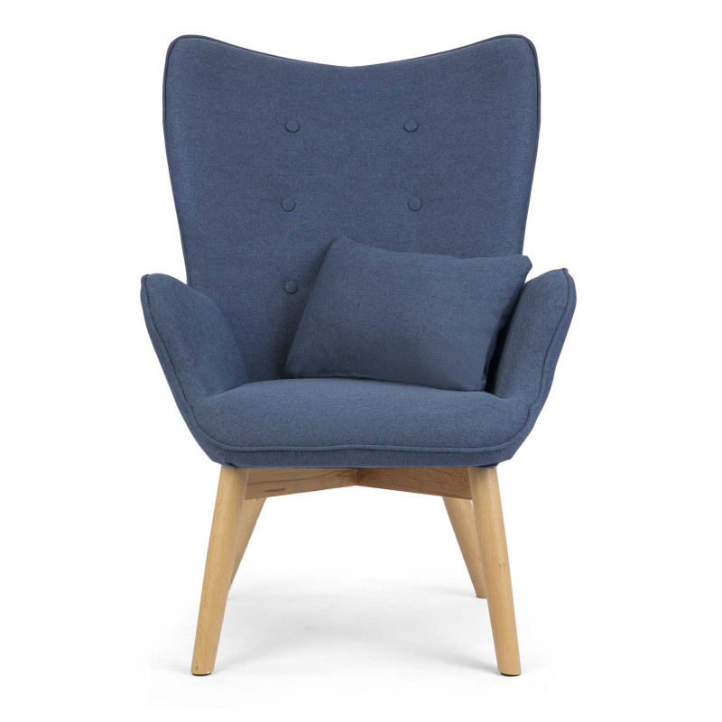 Skandinaviškos mėlynos spalvos fotelis su atramomis