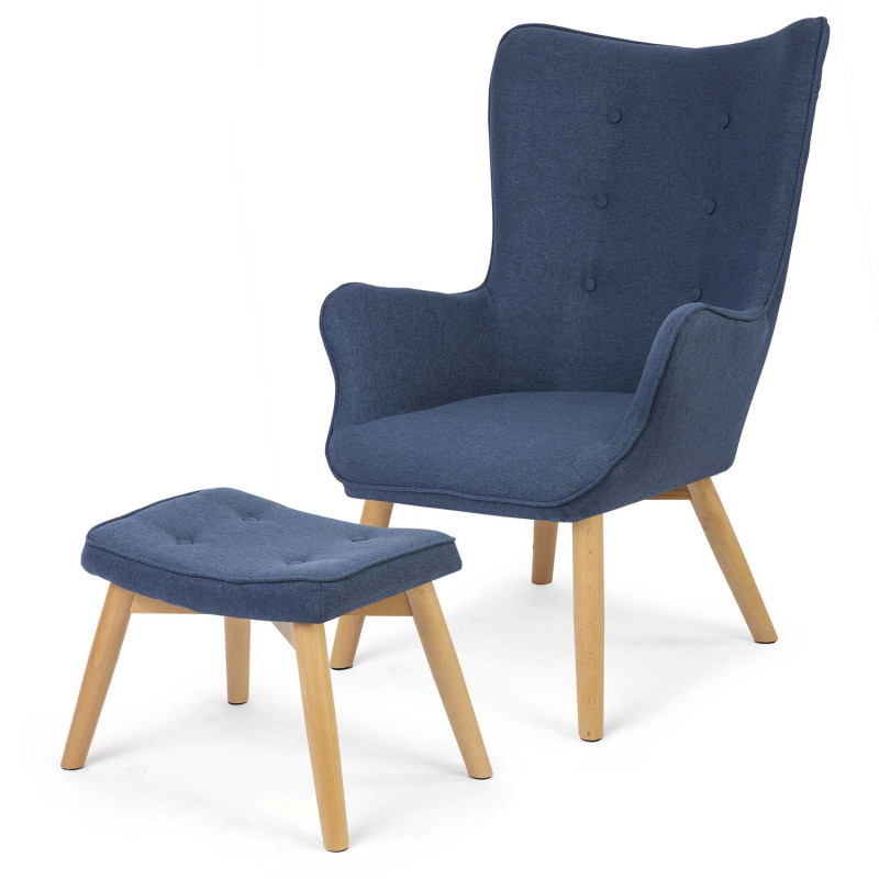 Skandinaviškos mėlynos spalvos fotelis su atramomis