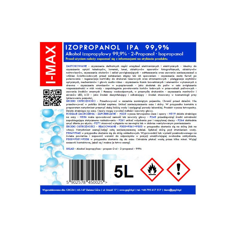 Izopropilo alkoholis Izopropanolis IPA I-MAX 99,9% 5L
