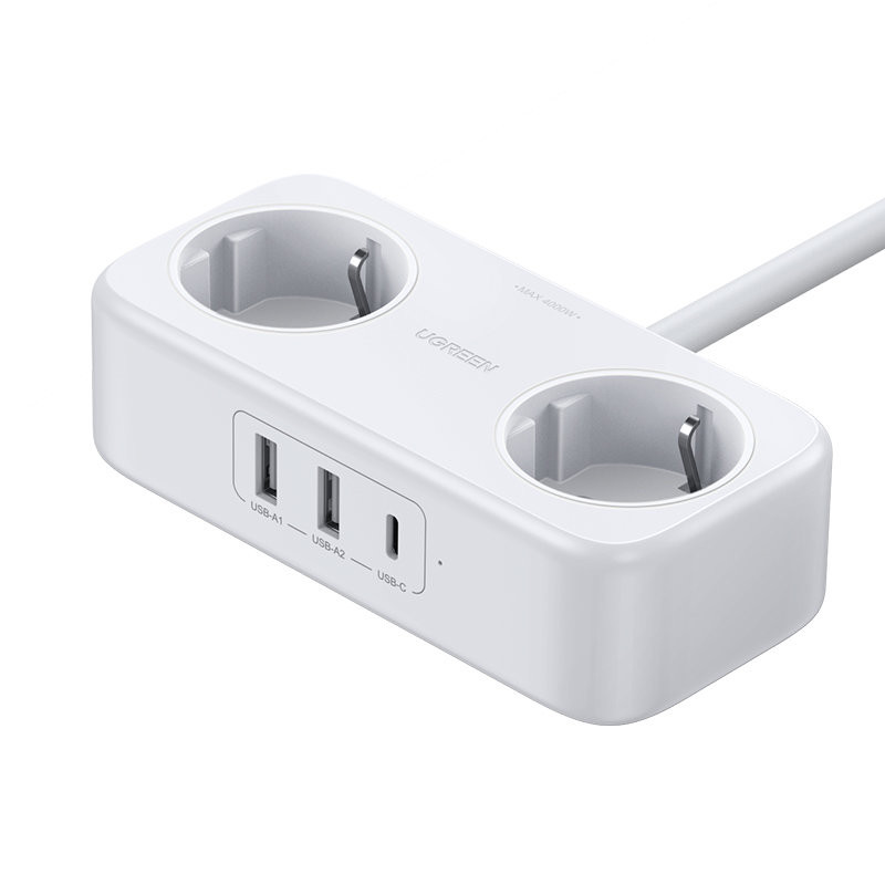 Maitinimo juostos ilgintuvas su 2xUSB 1xUSB-C prievadais, baltas