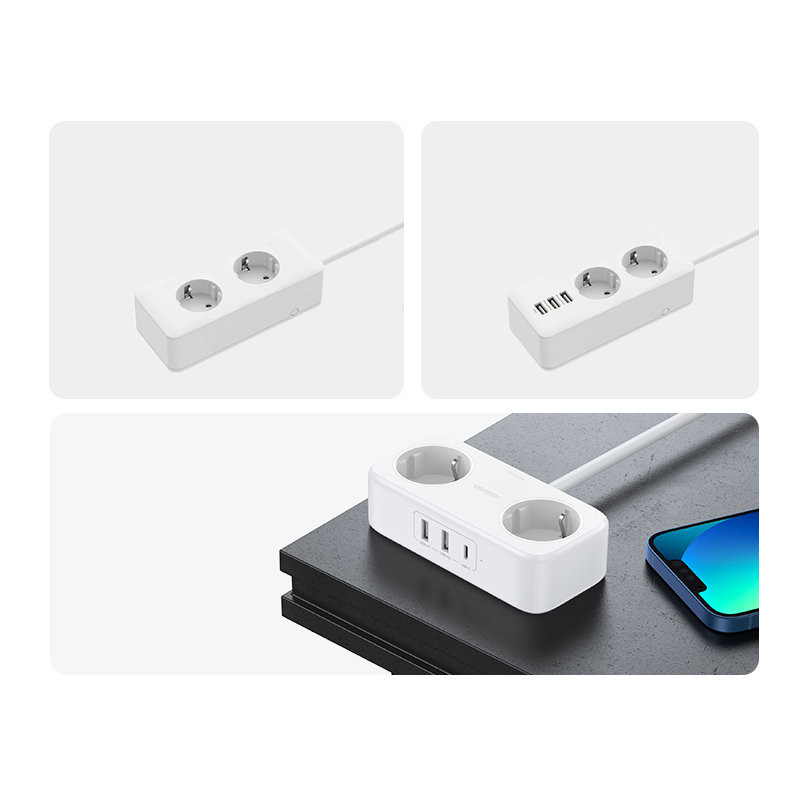 Maitinimo juostos ilgintuvas su 2xUSB 1xUSB-C prievadais, baltas