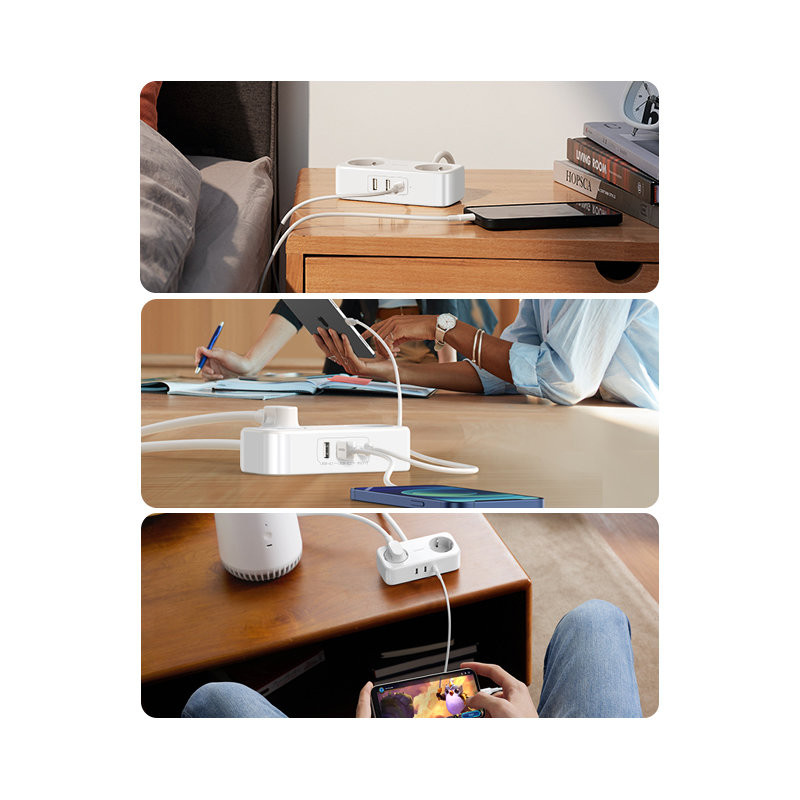 Maitinimo juostos ilgintuvas su 2xUSB 1xUSB-C prievadais, baltas