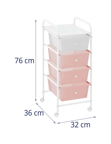 Kosmetikos vežimėlis kirpyklai ir vonios kambariui su 4 stalčiais 36 x 32 x 76 cm - rožinė ir balta Kosmetikos vežimėlis kirpyklai ir vonios kambariui su 4 stalčiais 36 x 32 x 76 cm - rožinė ir balta