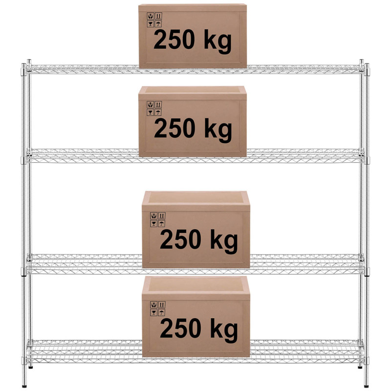 Chromuota sandėlio lentyna, 4 ažūrinės lentynos, iki 1 t, 1000 kg, 180x45x180 cm