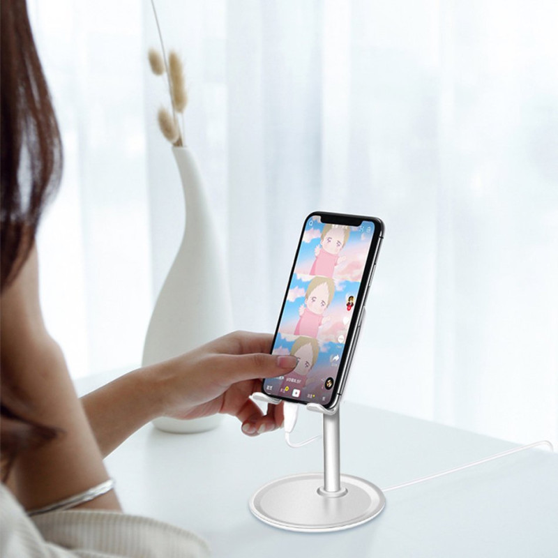 Telefono laikiklis teleskopinis planšetinis kompiuteris ant stalo juodas