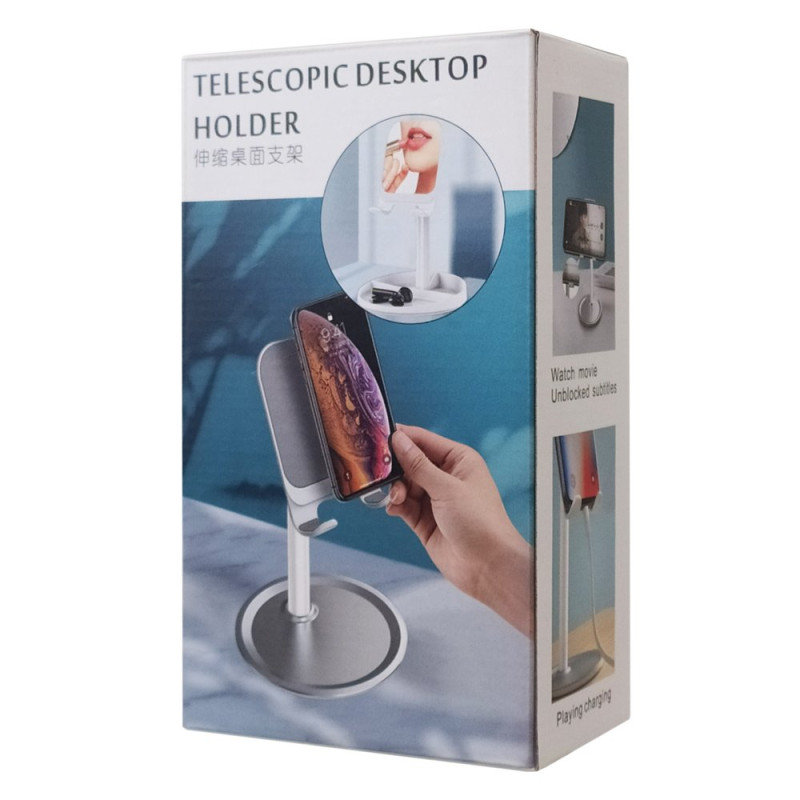 Telefono laikiklis teleskopinis planšetinis kompiuteris ant stalo juodas